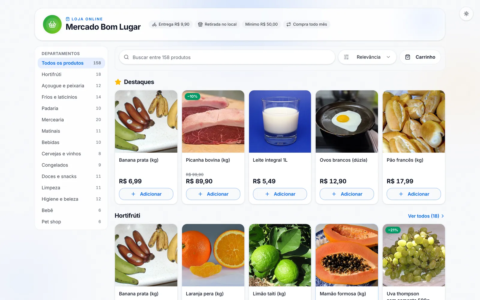 Página de Mercado Bom Lugar no computador: mercado com corredores, busca e departamentos